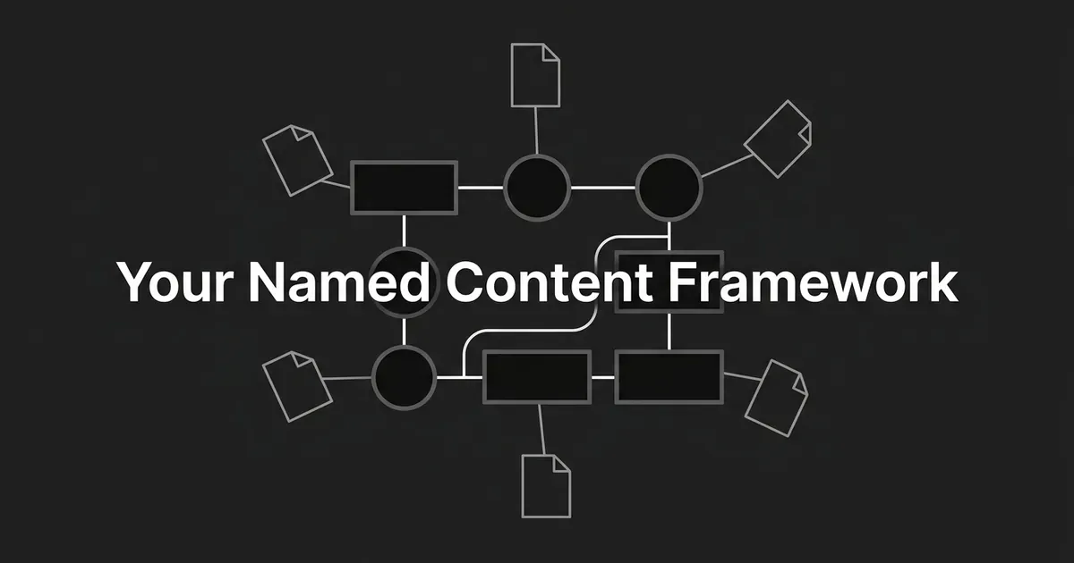 An abstract monochrome diagram of a central named framework, connected boxes and circles, with smaller document shapes radiating outward on connecting lines to represent individual articles built on it.