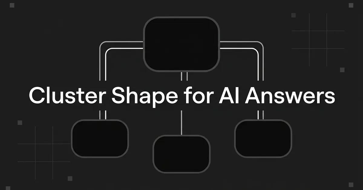 A monochrome diagram of one large node linked to three smaller nodes sits behind the cover line Cluster Shape for AI Answers.
