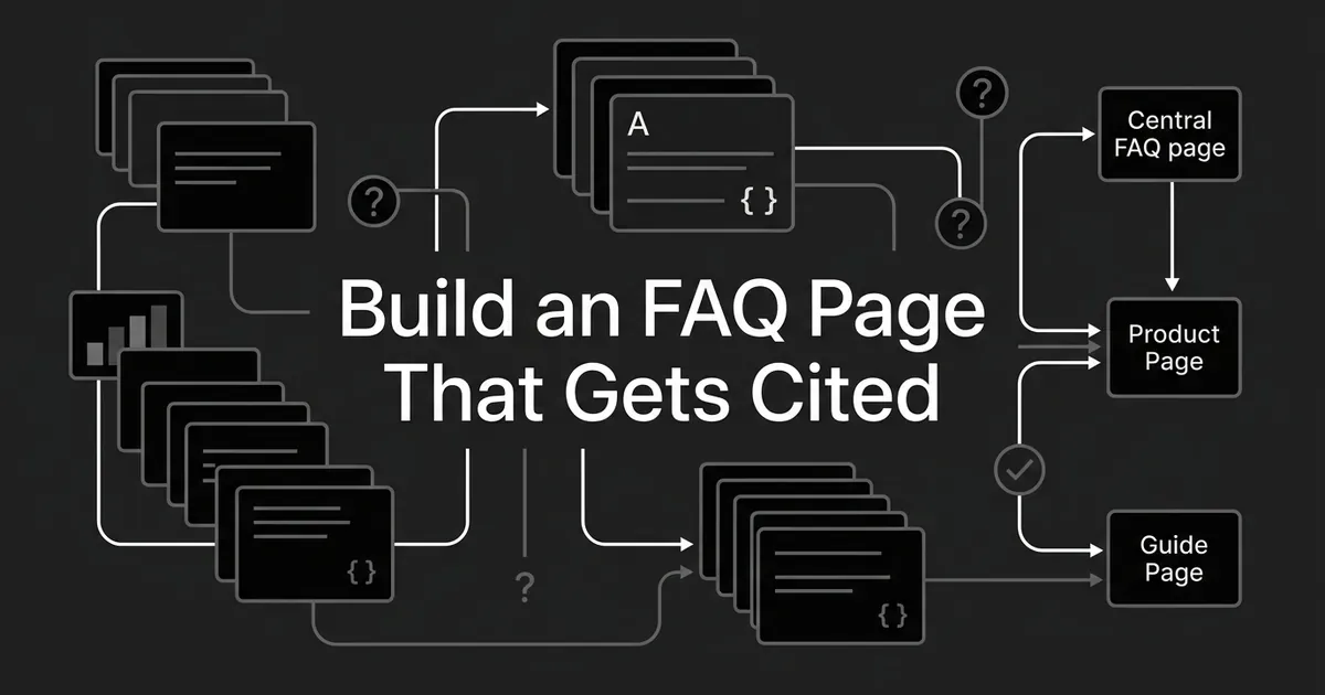 An abstract monochrome diagram of stacked question-and-answer cards routed by connector lines to three labeled destinations: central FAQ page, product page, and guide page, with the title 'Build an FAQ Page That Gets Cited' centered over it.