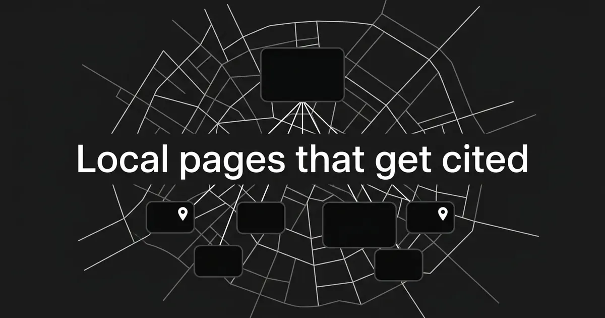 An abstract monochrome street-map lattice with a hub card branching into smaller location cards marked with map pins, behind the cover line Local pages that get cited.