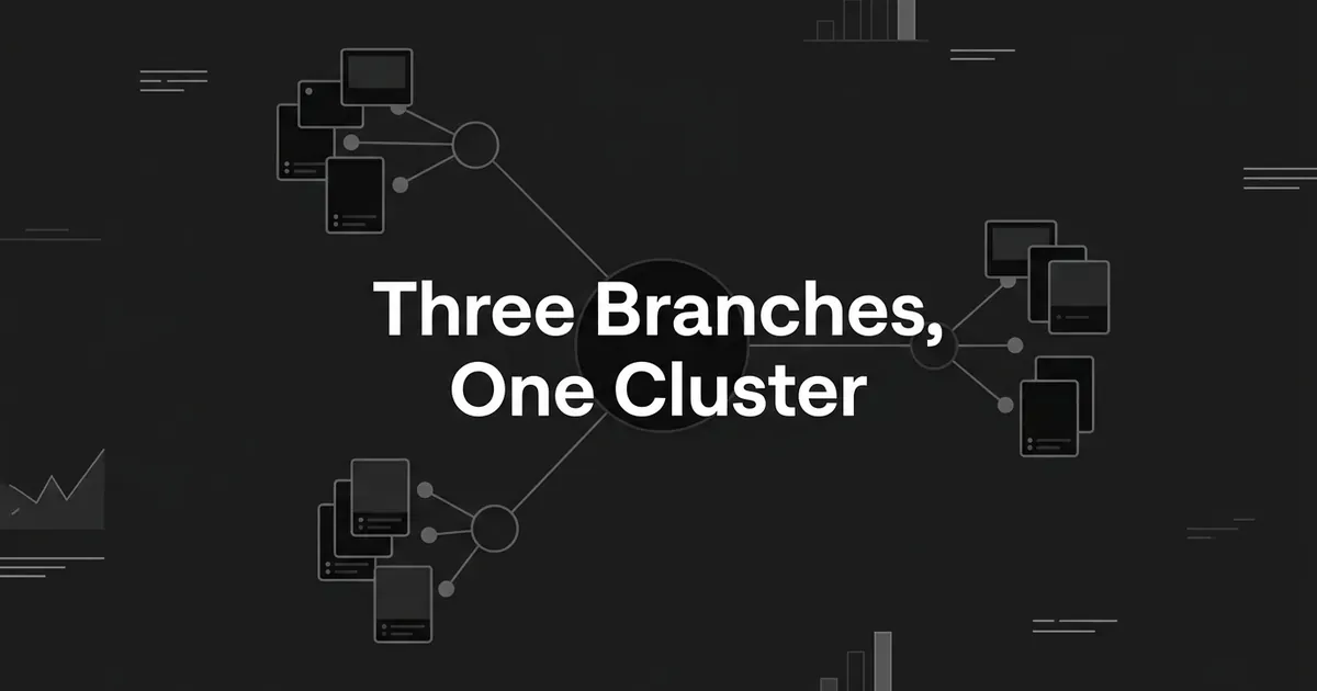 An abstract monochrome diagram of one central node fanning out to three clusters of layered page cards, under the cover line Three Branches, One Cluster.