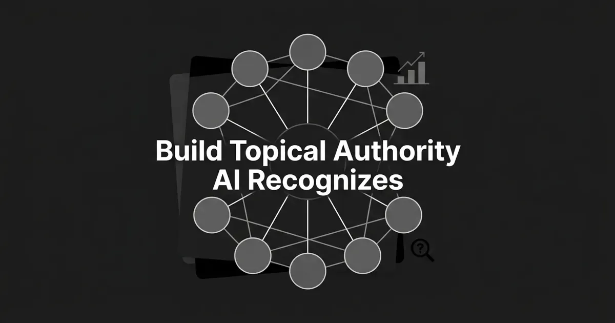Monochrome cover on a charcoal background showing a hub-and-spoke cluster of connected circular nodes around a central pillar node, with the centered white cover line "Build Topical Authority AI Recognizes".