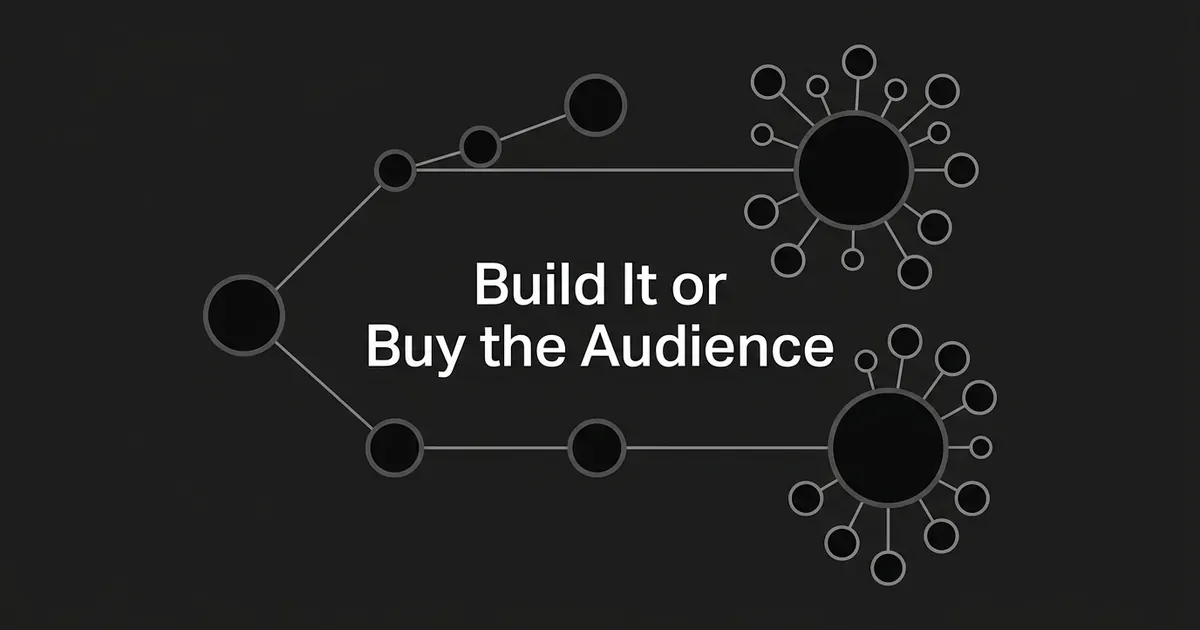 A monochrome diagram of two paths branching from one starting node, one growing step by step into a small network and the other leading straight to an already-large node, with the text Build It or Buy the Audience.