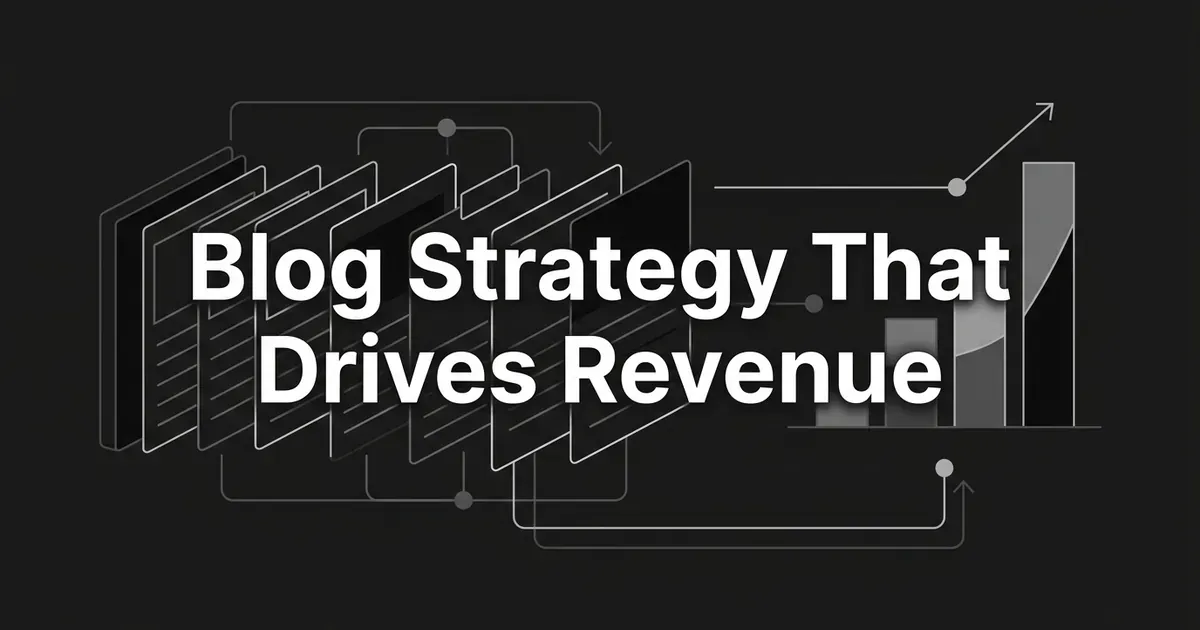 Layered blog post cards connected by thin lines to a rising bar chart on a dark charcoal background, under the headline Blog Strategy That Drives Revenue.