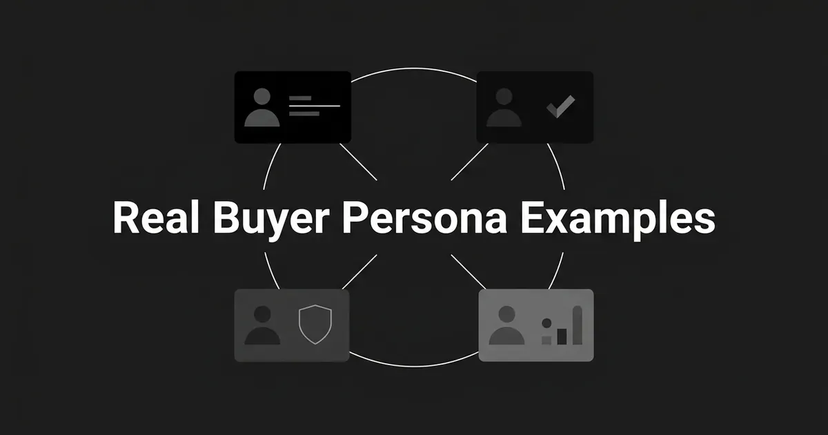 Four monochrome profile cards, each with a different icon for approval, security, or data, connected in a circle around the text Real Buyer Persona Examples.