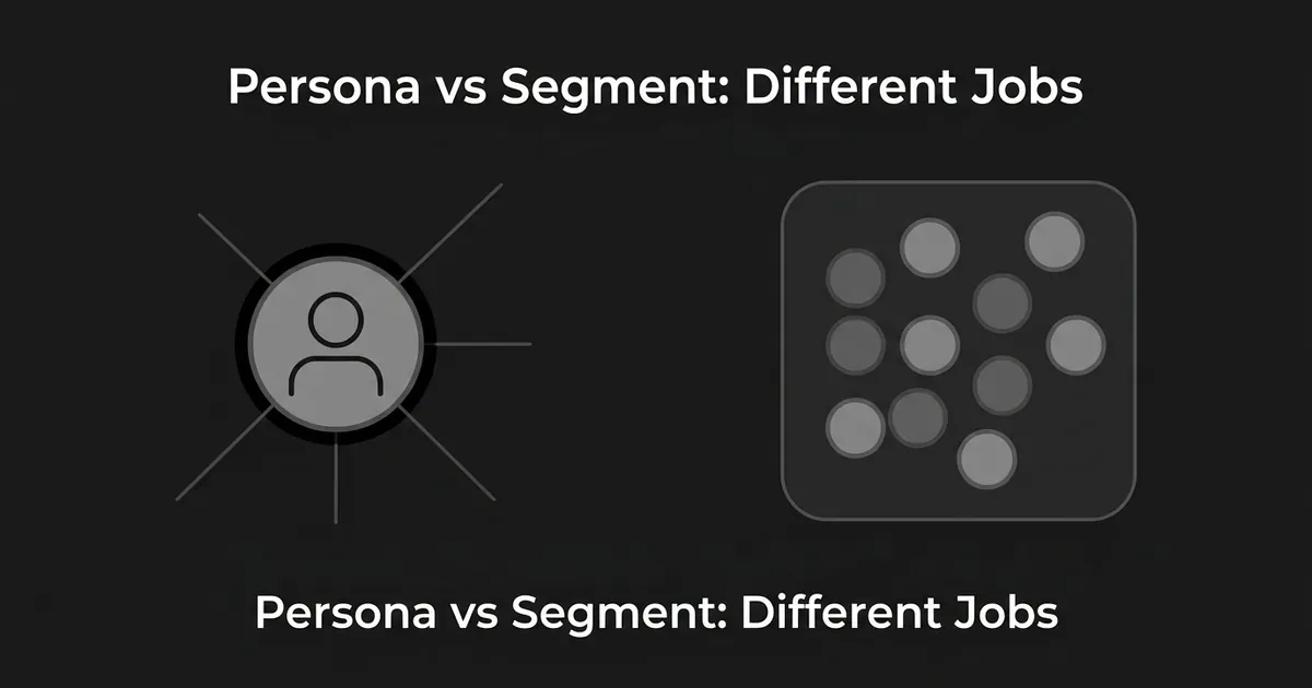 An abstract diagram on a charcoal background contrasting a single highlighted circle with a person icon and radiating lines, representing a buyer persona, against a cluster of small plain gray circles grouped inside a rounded square, representing an audience segment, with the cover line "Persona vs Segment: Different Jobs."