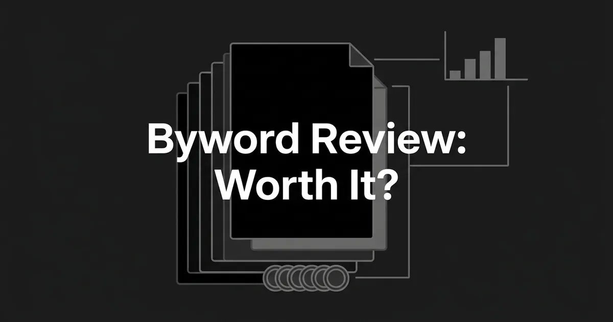 A monochrome illustration of stacked document cards multiplying outward, a row of connected credit-like circles, and a rising bar chart fragment behind the centered text Byword Review: Worth It, representing bulk article generation and credit-based pricing.