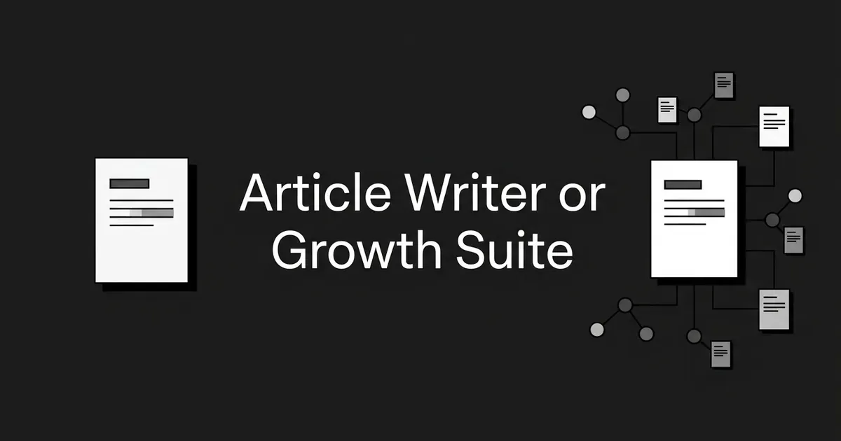 Dark cover with a single plain article page on the left and a second article page on the right linked to a network of small cards and nodes, beside the line Article Writer or Growth Suite.