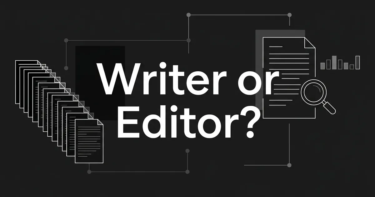 A fan of many document cards on the left and a single document with a magnifier and small bar chart on the right, around the cover line Writer or Editor?