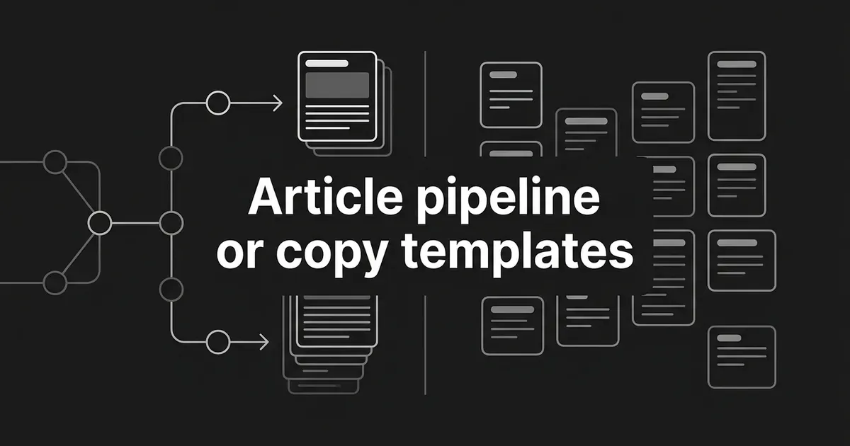 Abstract monochrome cover contrasting a connected article pipeline of nodes feeding stacked article cards with a loose grid of separate copy template tiles, under the line Article pipeline or copy templates.