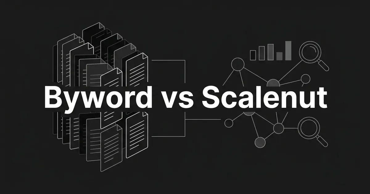 Dark monochrome cover with the text Byword vs Scalenut between a stack of document cards on the left and a network of nodes, a bar chart and magnifying glasses on the right.