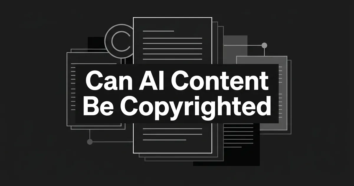 Abstract monochrome illustration of stacked document pages with a copyright ring symbol and connecting lines, overlaid with the text Can AI Content Be Copyrighted.