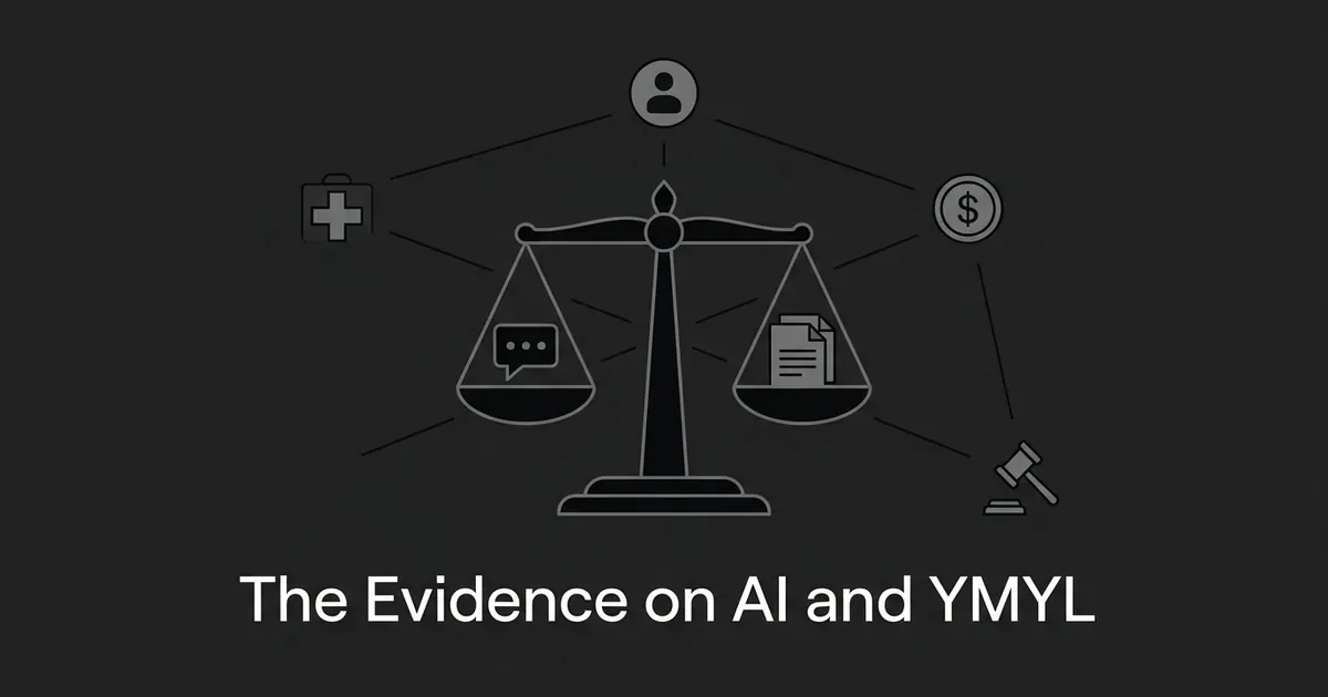 An illustration of a balance scale weighing an AI chat icon against a stack of documents, with small health, money, and legal icons around it, under the text The Evidence on AI and YMYL.