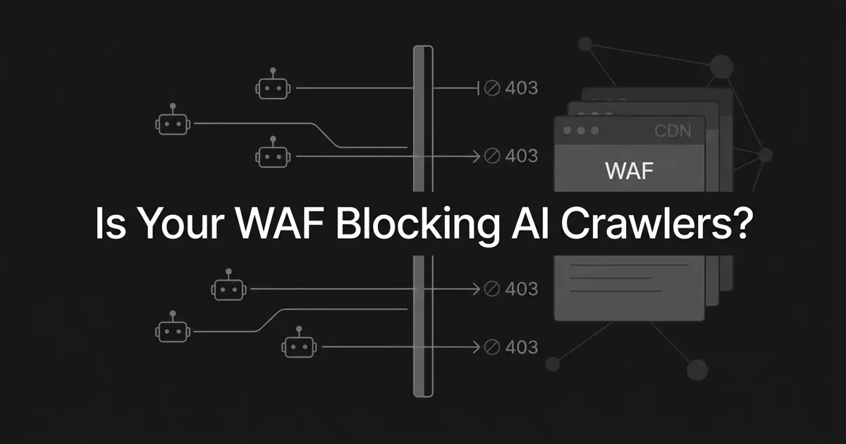 A monochrome, abstract-geometric illustration of AI crawler bot nodes approaching a website's edge firewall gate, some connection lines passing through and some blocked, under the centered white cover line 'Is Your WAF Blocking AI Crawlers?'
