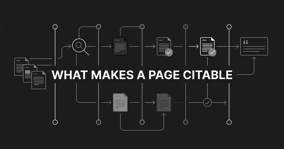Monochrome abstract diagram of document cards passing through five gates toward a citation, under the cover line What Makes a Page Citable.