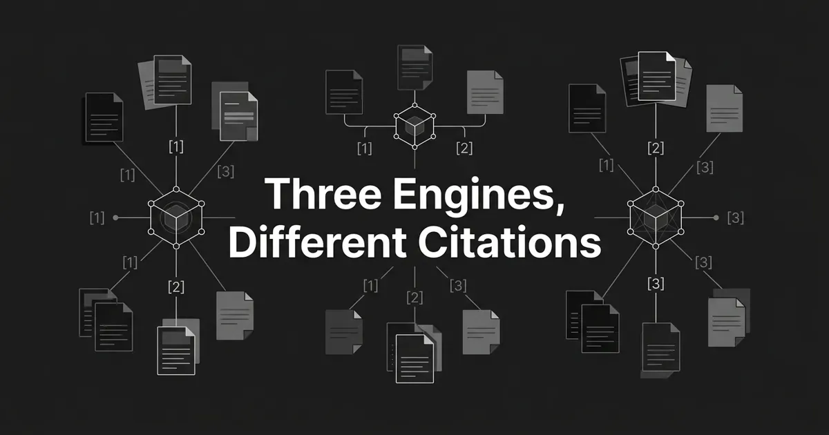 Monochrome flat-vector cover showing three abstract AI engine nodes each linked by different line patterns to separate clusters of source cards with numbered citation markers, under the cover line Three Engines, Different Citations.