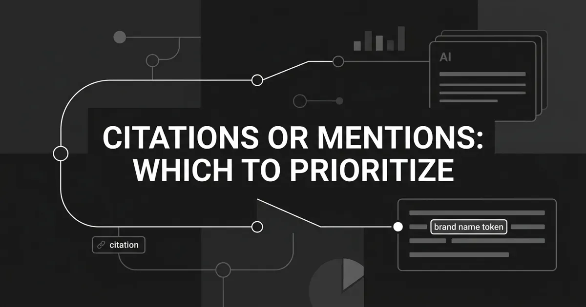 Monochrome abstract cover with the centered white title Citations or Mentions: Which to Prioritize, over a decision-fork diagram splitting one AI answer node into a citation source chip and a highlighted brand mention.