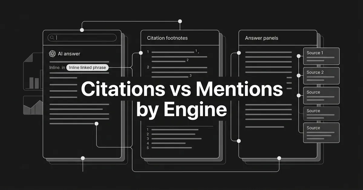 A monochrome, abstract-geometric cover showing three stacked AI answer panels representing different engines, connected by white nodes and contrasting a linked citation card with an unlinked mention, under the centered white cover line 'Citations vs Mentions by Engine'.
