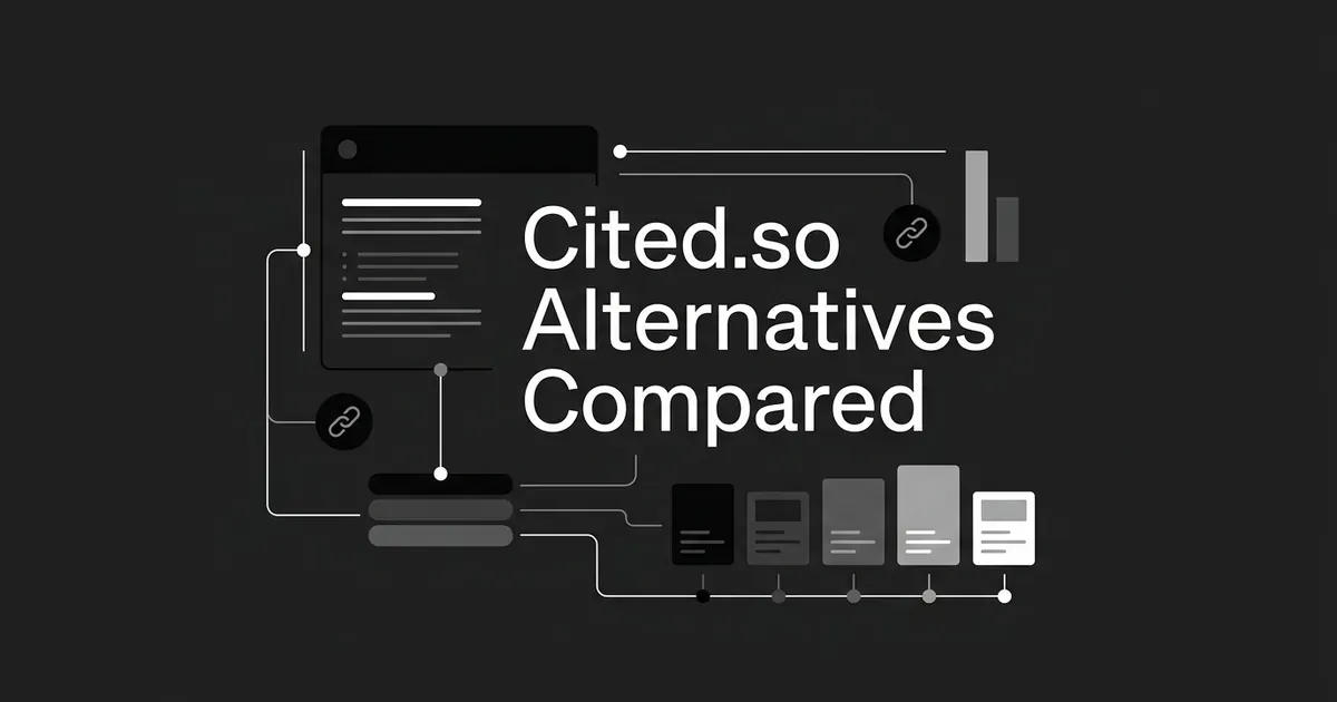 A monochrome cover illustration reading Cited.so Alternatives Compared, showing an AI answer panel linked to a row of ranked comparison cards and citation link icons.