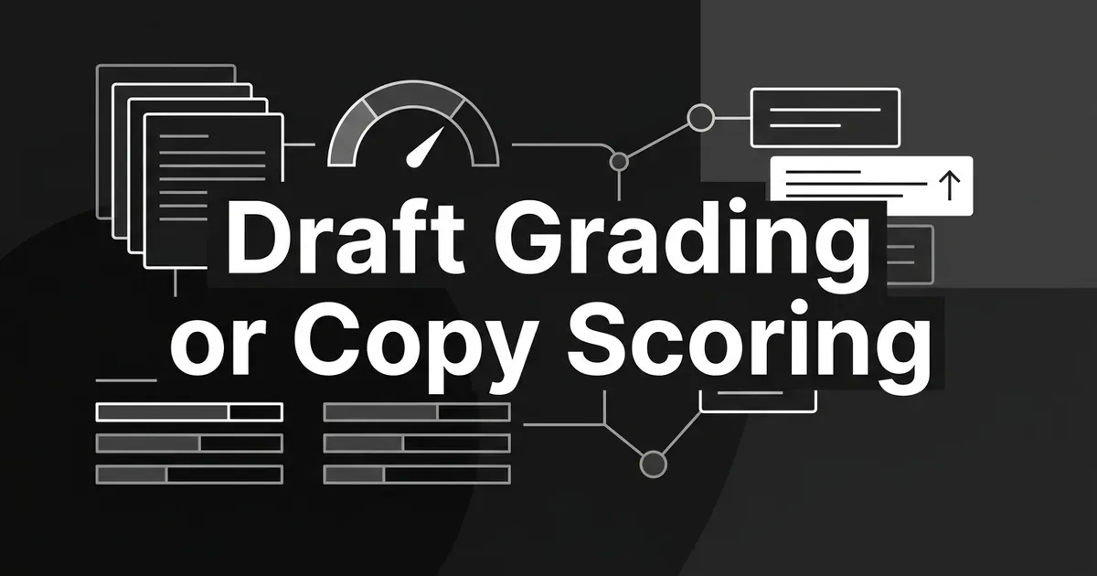 Abstract monochrome illustration of stacked document cards with a grading gauge on one side and short copy cards with a score arrow on the other, behind the cover line Draft Grading or Copy Scoring.