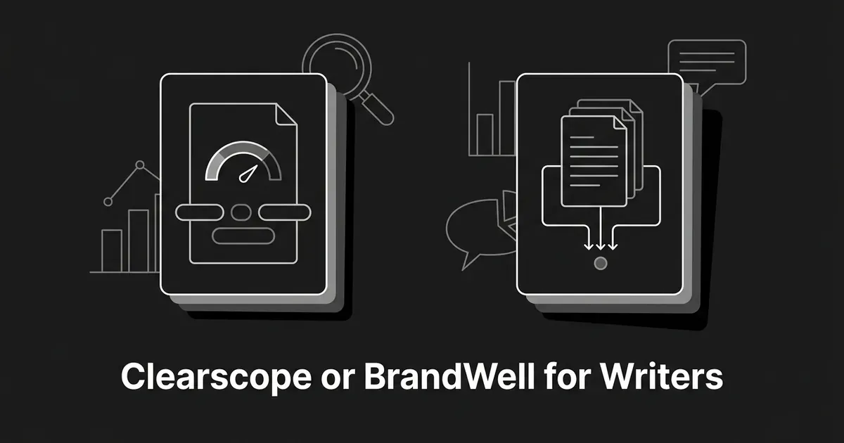 Two layered cards in white linework on a charcoal background, one with a page and grading gauge and one with a stack of pages feeding a queue, above the line Clearscope or BrandWell for Writers.