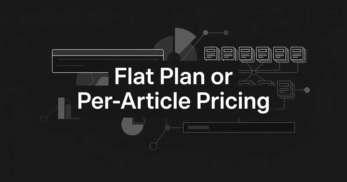 Abstract monochrome illustration of a flat plan bar beside stacked article cards, with the cover line Flat Plan or Per-Article Pricing.