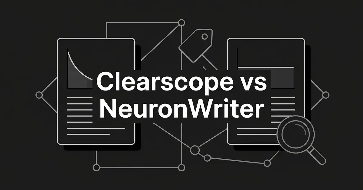 Two document cards side by side on a charcoal background, one with a declining decay curve and one with a flat line, joined by node lines, a price tag and a magnifying glass, under the words Clearscope vs NeuronWriter.
