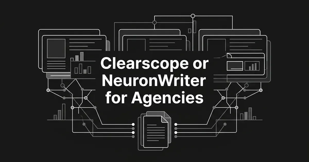 Monochrome diagram of three client document cards linked by nodes and lines to a central stack of documents, with the text Clearscope or NeuronWriter for Agencies.