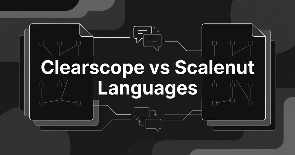 Two layered document cards with node grids sit on either side of speech bubbles and translation arrows on a charcoal background, under the white cover line "Clearscope vs Scalenut Languages".
