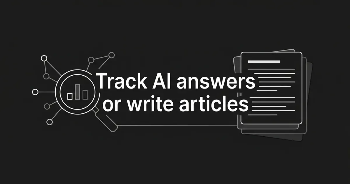 A charcoal cover with a magnifier over small bar charts and linked nodes on the left, a stack of article pages on the right, and the line Track AI answers or write articles.