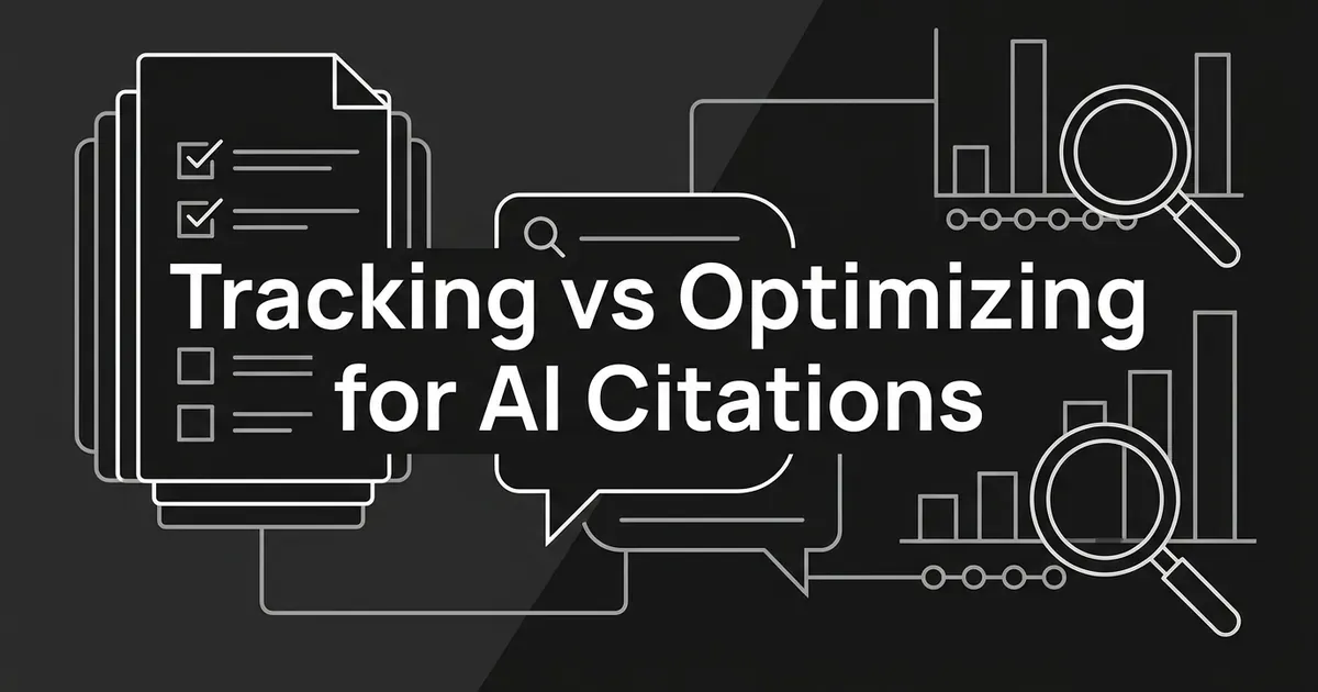Abstract monochrome cover showing a checklist document on the left and bar charts under magnifying glasses on the right, joined around a search bubble that reads Tracking vs Optimizing for AI Citations.