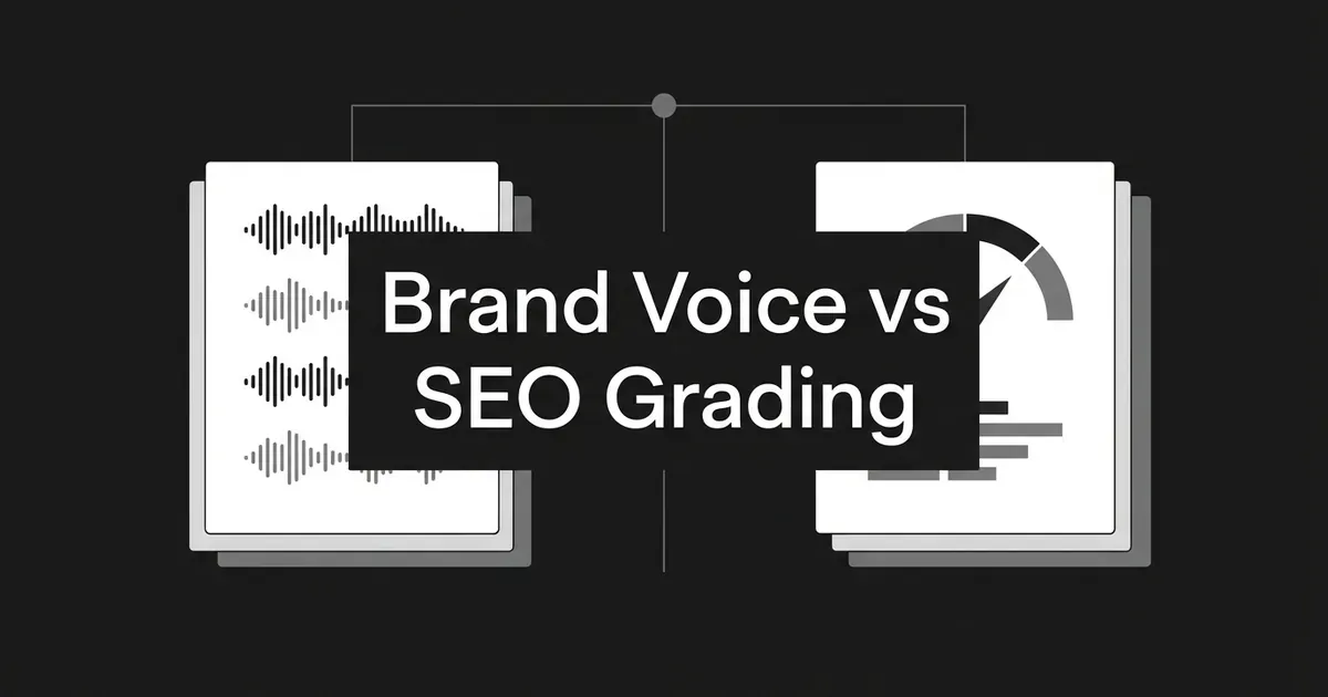 Two layered cards, one with voice waveforms and one with a score dial, joined by thin lines around the cover line Brand Voice vs SEO Grading, in white and gray on charcoal.