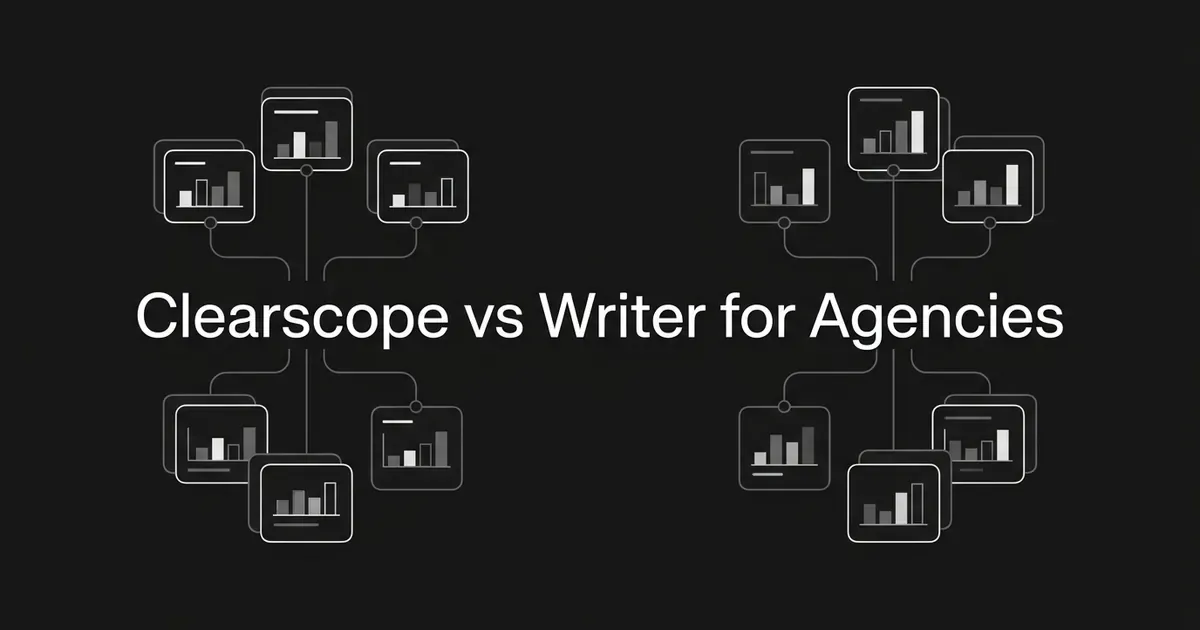 Two clusters of small chart cards connected by thin lines to central nodes, flanking the cover line Clearscope vs Writer for Agencies on a charcoal background.