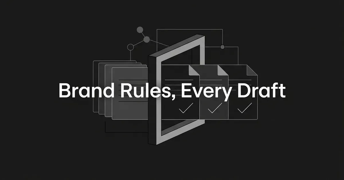Abstract monochrome illustration of three document cards passing through a square checkpoint frame and coming out with checkmarks, under the cover line Brand Rules, Every Draft.