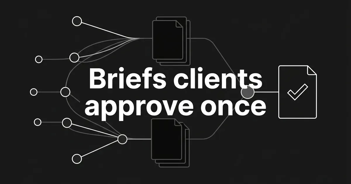 Abstract monochrome diagram of several small nodes converging into one document card with a check mark, behind the cover line Briefs clients approve once.