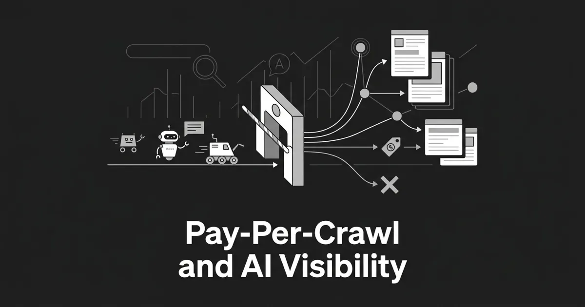 Monochrome abstract diagram of AI crawlers meeting a toll gate, with paths for allowed, charged, and blocked bots leading to citation nodes, under the cover line Pay-Per-Crawl and AI Visibility.