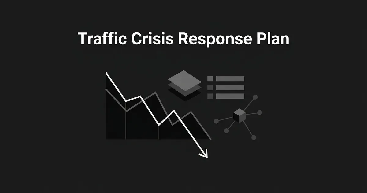 A monochrome illustration of a sharply declining traffic line chart next to a stack of layered cards, a checklist, and a connected node representing one accountable incident owner, with the cover line Traffic Crisis Response Plan.