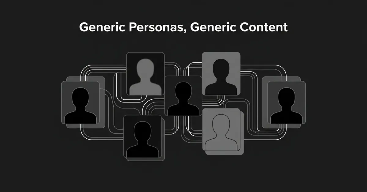 A row of identical blank profile card silhouettes connected by linework, illustrating how interchangeable buyer personas produce interchangeable content, with the cover line Generic Personas, Generic Content.