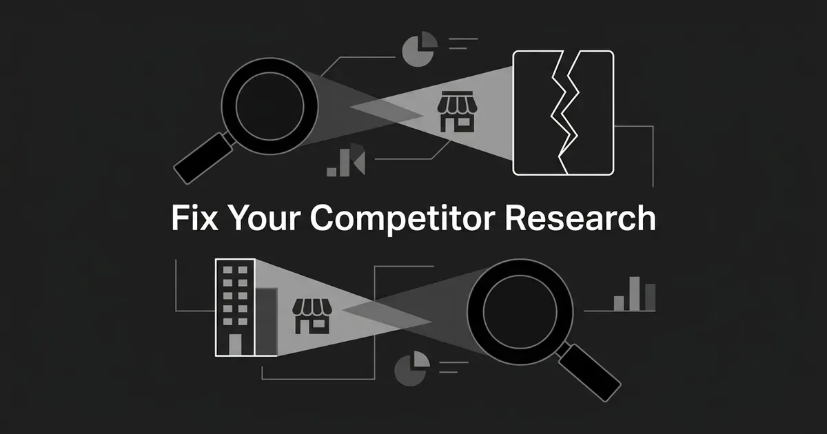 A monochrome illustration of two magnifying glasses pointed at storefront and building icons from opposite directions, with a cracked document card between them, under the text Fix Your Competitor Research.