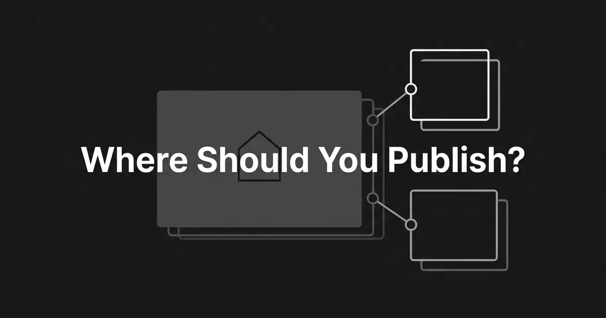 A centered white cover line reading Where Should You Publish? over a large gray card with a house outline, connected by thin lines to two smaller outlined cards on the right.