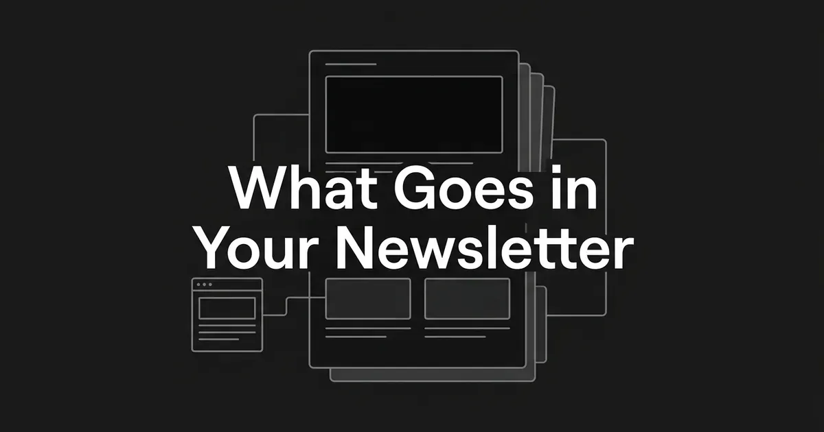 Line drawing of a layered email newsletter with a lead block and two smaller blocks, linked to a small blog page outline, behind the cover line What Goes in Your Newsletter.