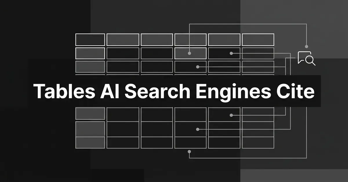 A monochrome flat-vector cover showing a structured data-table grid with thin connection lines running to an abstract AI search-and-answer glyph, under a centered white cover line reading Tables AI Search Engines Cite.
