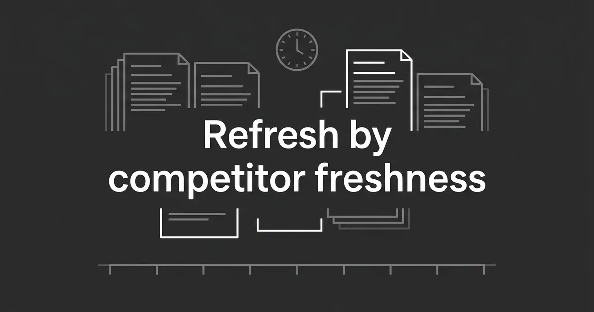 A dark monochrome cover with stacked page cards, a small clock and a timeline beneath the line Refresh by competitor freshness.