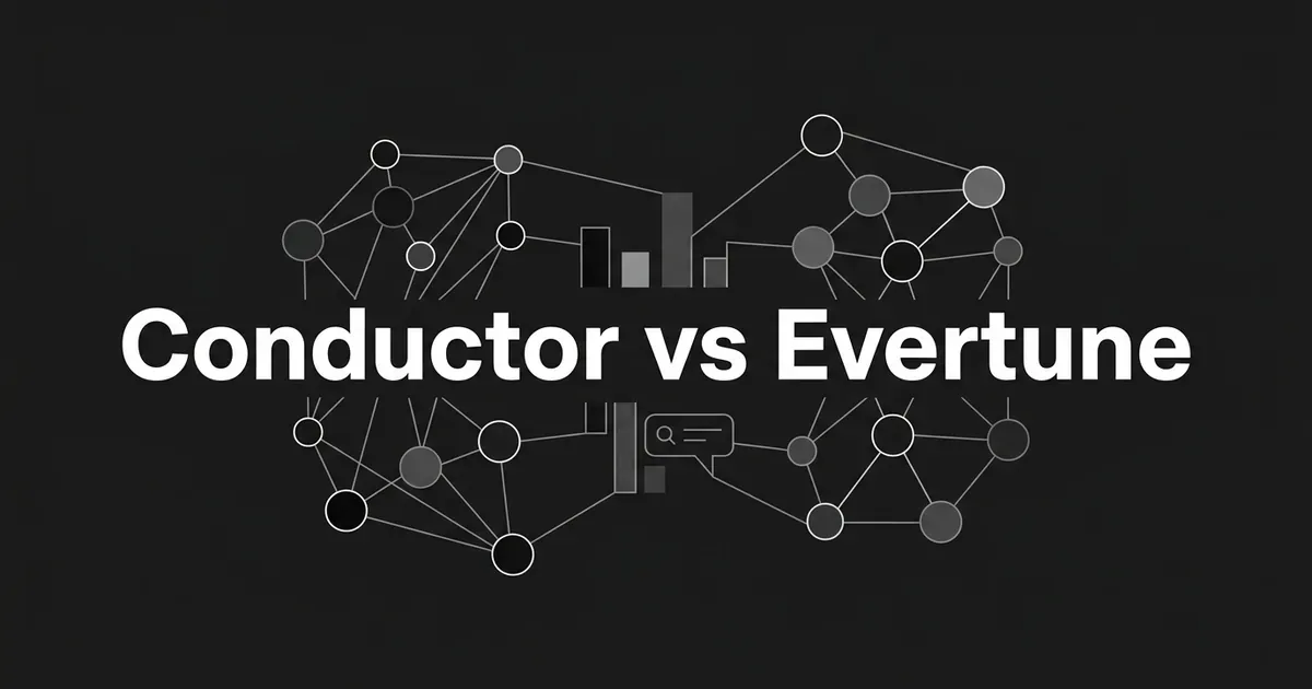 Dark monochrome cover reading Conductor vs Evertune, with two clusters of connected nodes facing each other around small bar chart and search bubble fragments.