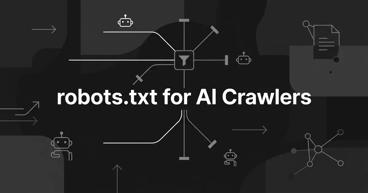 A monochrome charcoal cover showing crawler paths converging at a single gateway node, some lines passing through and some blocked, with the white cover line robots.txt for AI Crawlers centered on top.