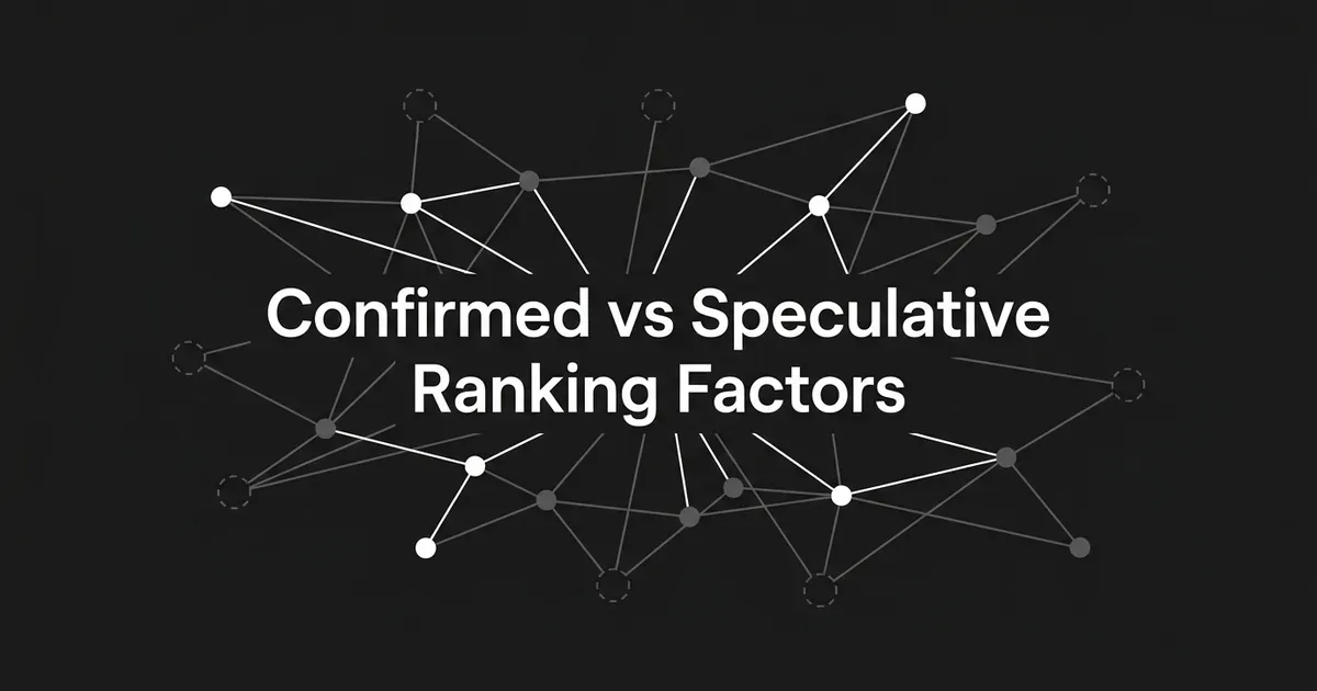 An abstract network diagram on a dark background with solid white nodes connected to dashed-outline nodes, representing confirmed versus speculative Google ranking factors, under the headline Confirmed vs Speculative Ranking Factors.