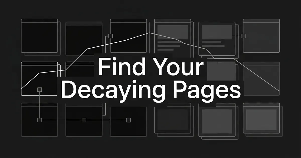 A monochrome grid of abstract page cards behind the centered white cover line Find Your Decaying Pages, with a thin line chart rising on the left and sloping down across the cards on the right.