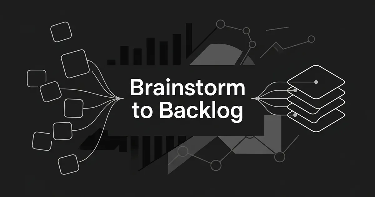Abstract monochrome illustration of scattered note cards on the left gathered by connection lines into a neat stack of layered cards on the right, with the words Brainstorm to Backlog in the center.
