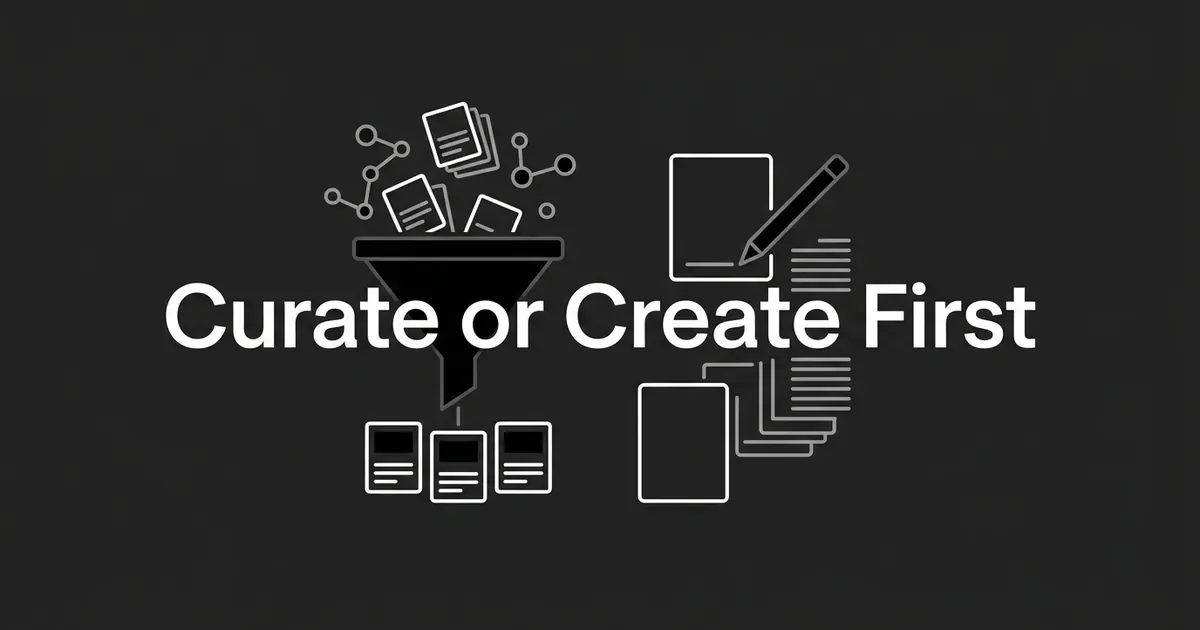 A monochrome illustration of a funnel filtering scattered documents into a few selected cards on the left, next to a blank page being written on with a pencil on the right, representing the choice between curating existing content and creating original content.