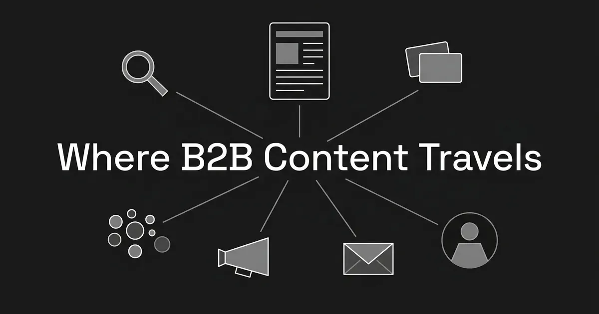 Monochrome diagram of an article card linked by six lines to icons for search, a community, overlapping cards, a megaphone, an envelope and a person, around the words Where B2B Content Travels.